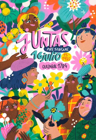 Colorful illustration of diverse women at Juntas event flyer by Caribay M. Benavides