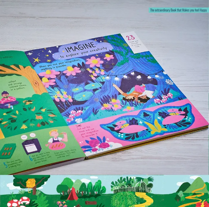 Colorful illustrated children’s book page titled Imagine by Caribay M. Benavides
