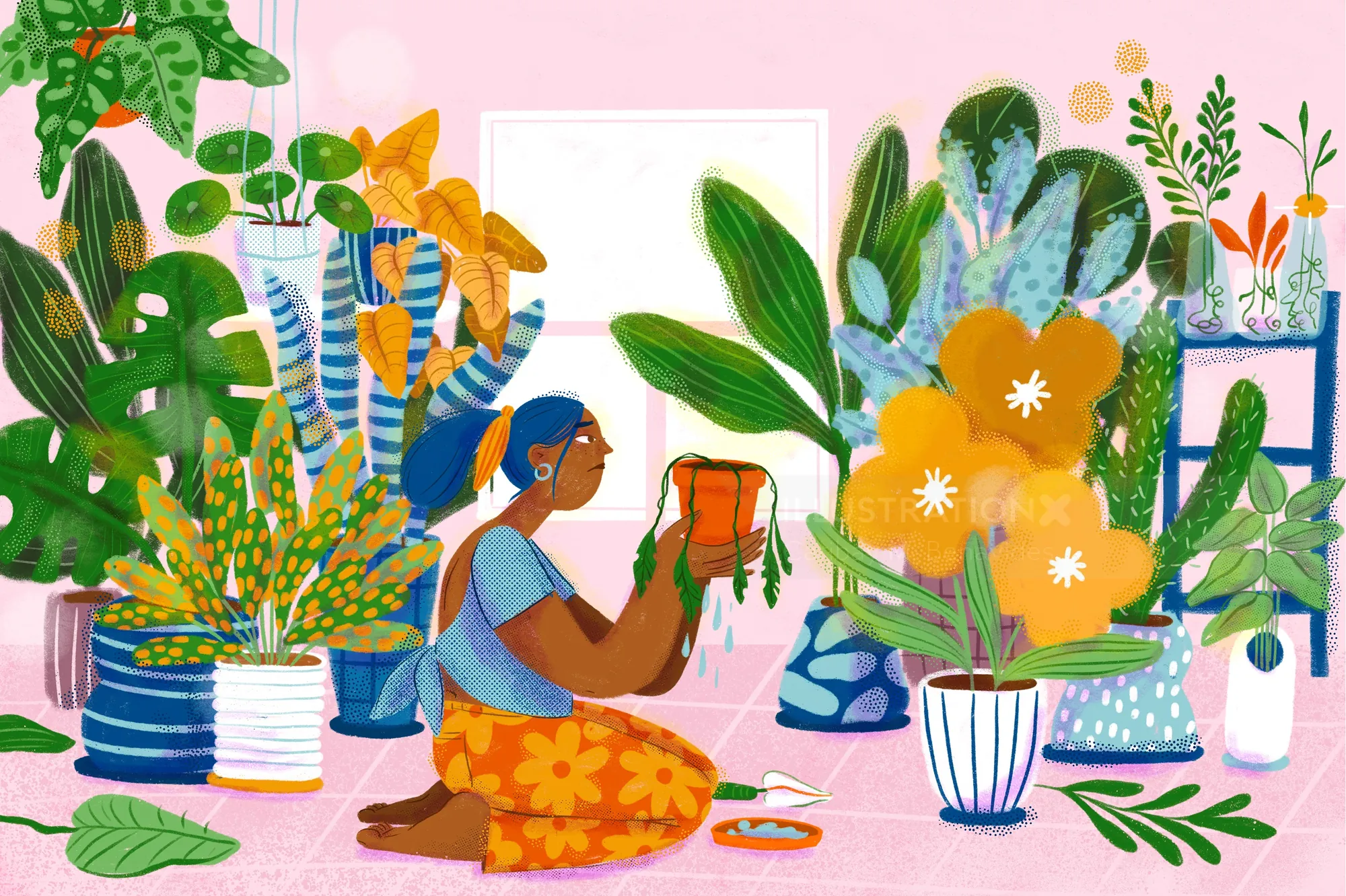 A woman watering various houseplants indoors, illustration by Caribay M. Benavides