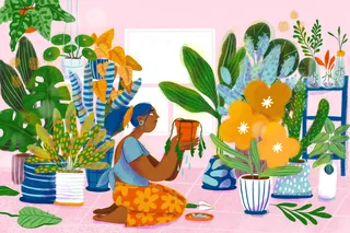 A woman watering various houseplants indoors, illustration by Caribay M. Benavides