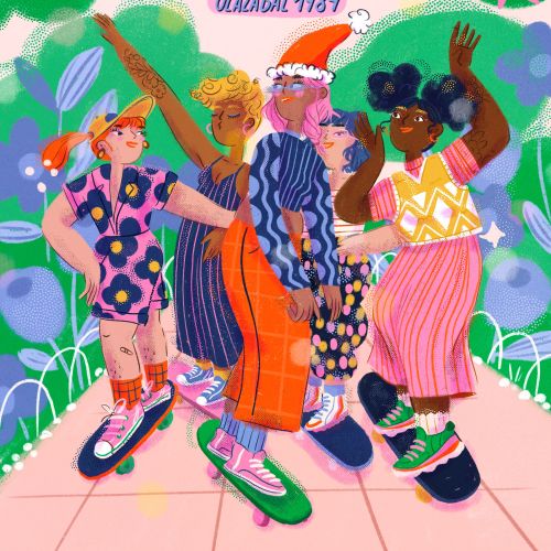 Illustration of four diverse people skateboarding at night, by Caribay M. Benavides