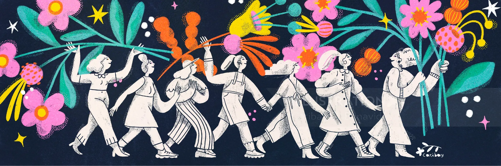 Colorful dancing figures holding flowers by Caribay M. Benavides