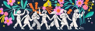 Colorful dancing figures holding flowers by Caribay M. Benavides