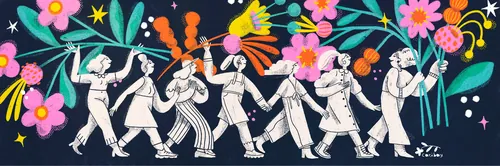 Colorful dancing figures holding flowers by Caribay M. Benavides