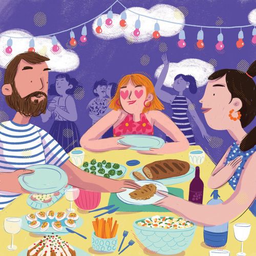 Illustration of three people enjoying outdoor dinner, by Caribay M. Benavides