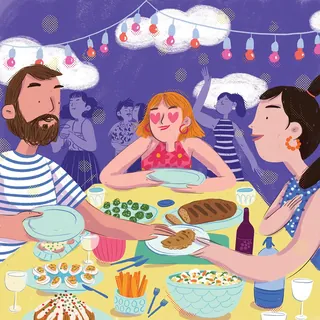 Illustration of three people enjoying outdoor dinner, by Caribay M. Benavides
