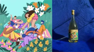 Colorful floral illustration on Floraria wine label by Caribay M. Benavides