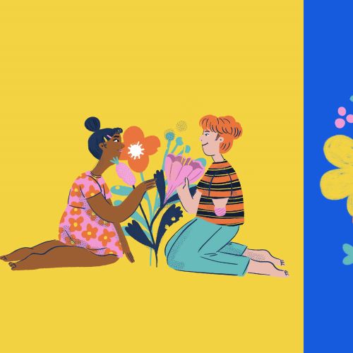 Two people sharing flowers and colorful blooming everyday text