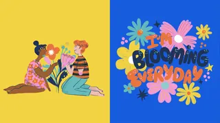 Two people sharing flowers and colorful blooming everyday text