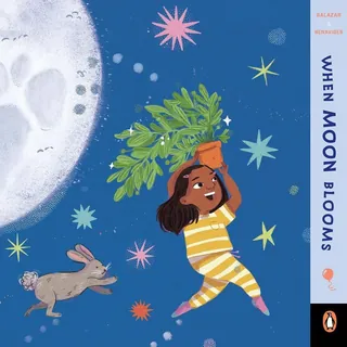 Girl holding plant dancing near a large moon with stars