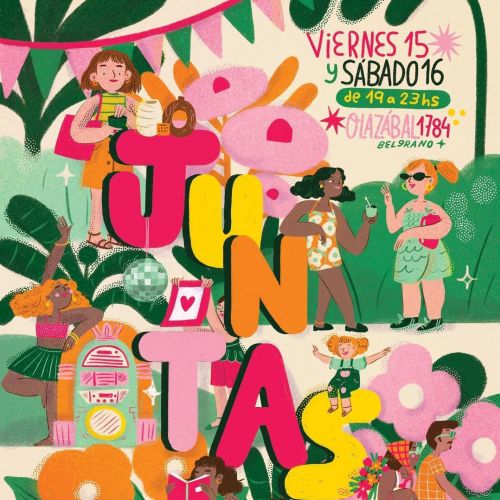 Festival poster with dancing people, colorful letters, and festive decorations