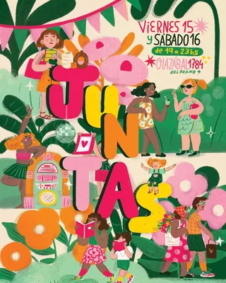 Festival poster with dancing people, colorful letters, and festive decorations