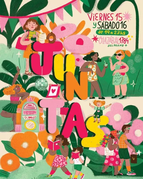Festivalplakat mit tanzenden Menschen, bunten Buchstaben und festlicher Dekoration
