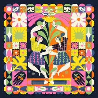 Colorful vintage style illustration with two dancers and floral patterns