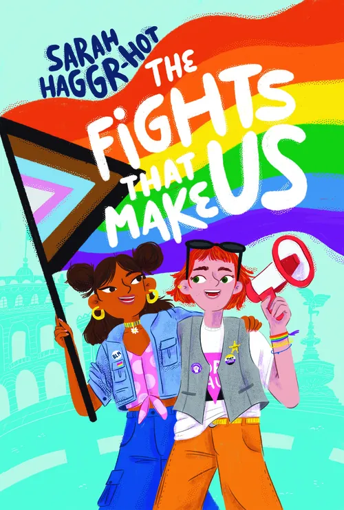 Buchcover von „The Fights That Make Us“ mit verschiedenen Charakteren und Regenbogenflagge