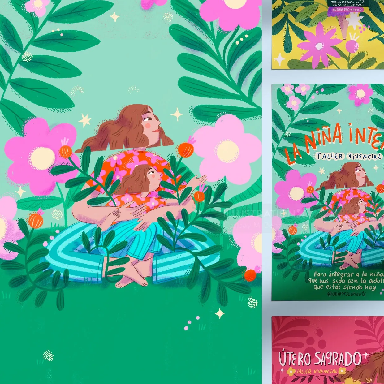 Illustration of two women surrounded by large green leaves and pink flowers