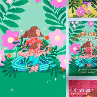 Illustration of two women surrounded by large green leaves and pink flowers