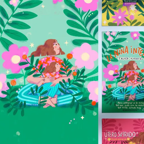 Illustration of two women surrounded by large green leaves and pink flowers