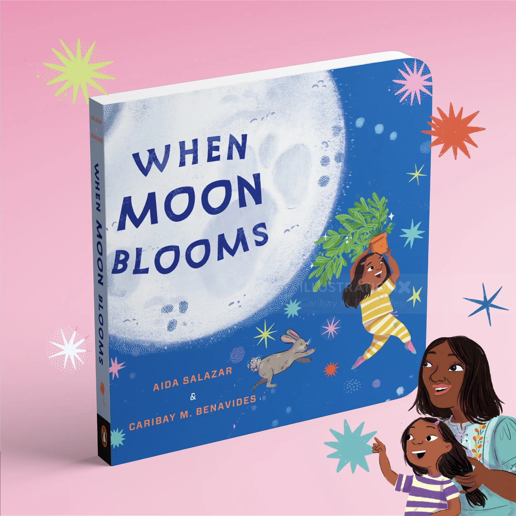 Kinderbuchumschlag „Wenn der Mond blüht“ mit Illustration von Mond und Kindern