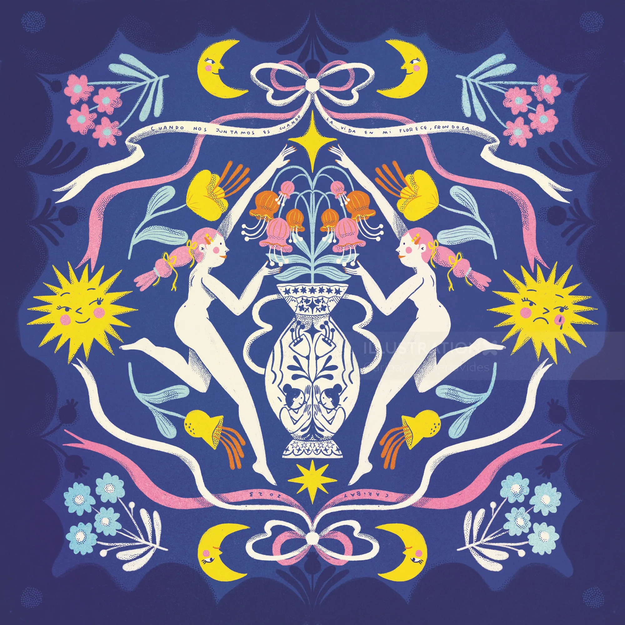 Symmetrische Illustration mit zwei Figuren, Blumen, Monden und Sternen auf blauem Grund