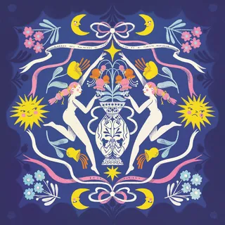 Symmetrical illustration with two figures, flowers, moons, and stars on blue