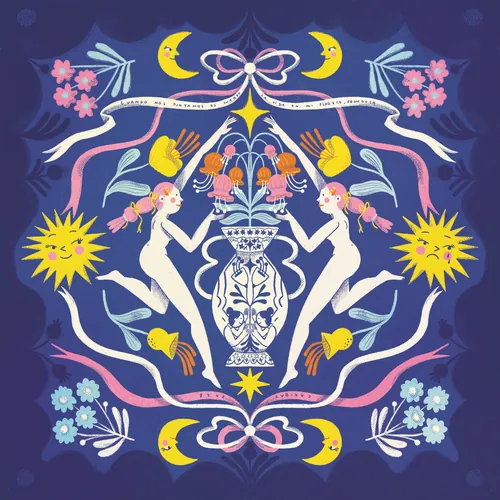 Symmetrical illustration with two figures, flowers, moons, and stars on blue