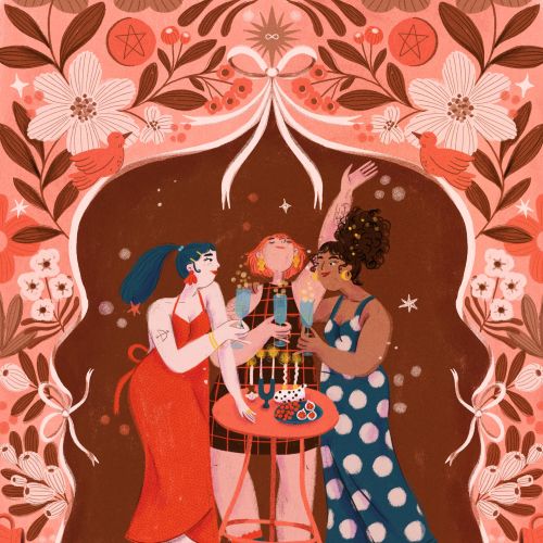Three women celebrating with birthday cake and drinks in floral frame