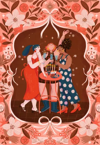 Three women celebrating with birthday cake and drinks in floral frame