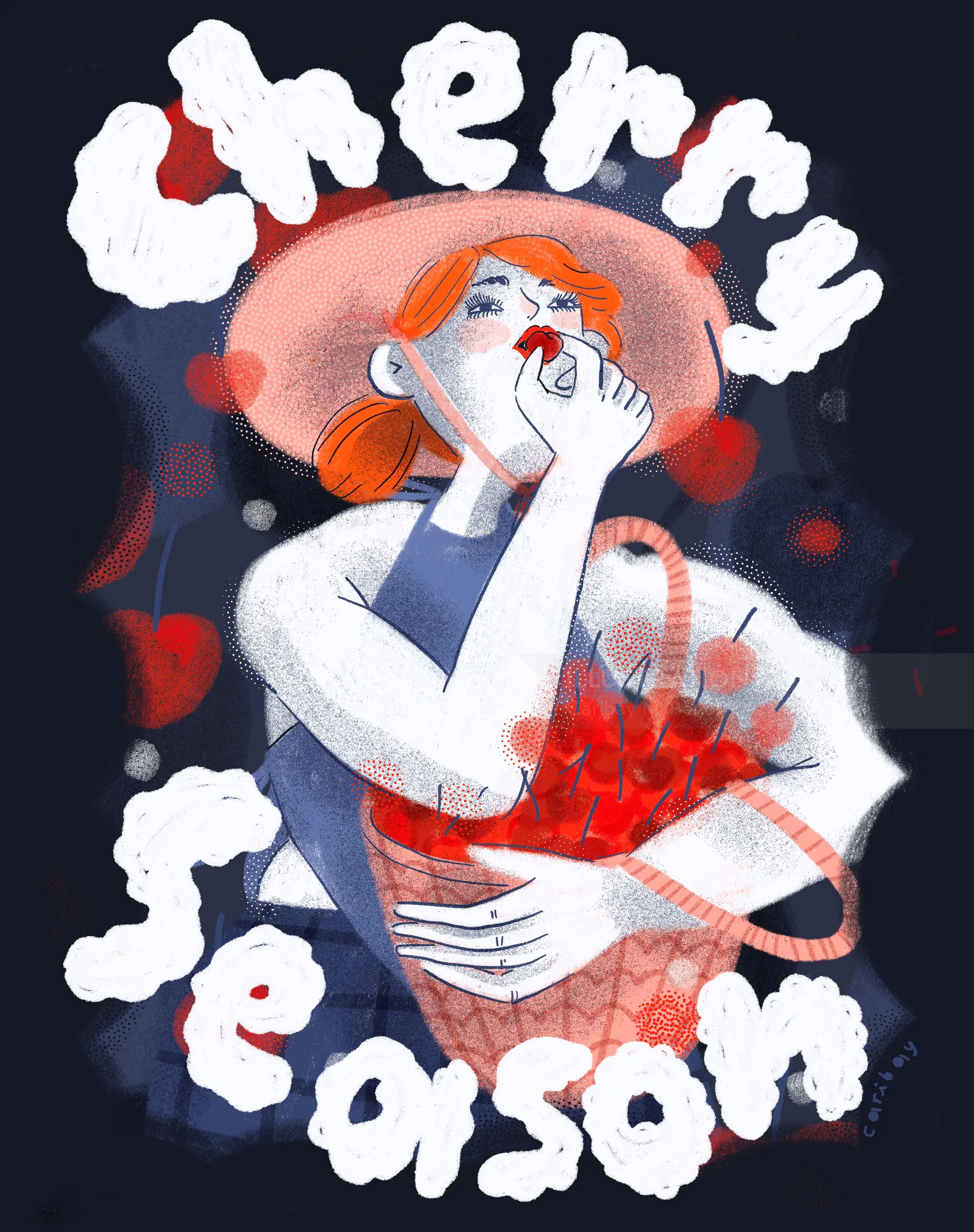Illustration einer Frau mit einem Korb voller Kirschen und dem Text „Frohe Jahreszeit“