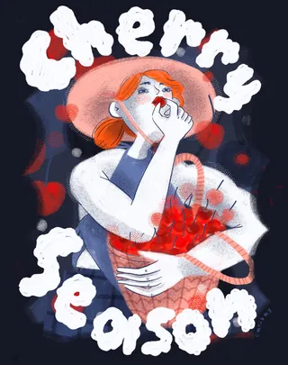 Illustration of a woman with a basket of cherries and text Merry Season