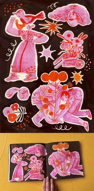 Colorful abstract pink figures and shapes on dark background