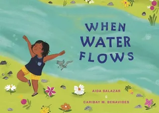 Child playing happily near a river with flowers and a bird around