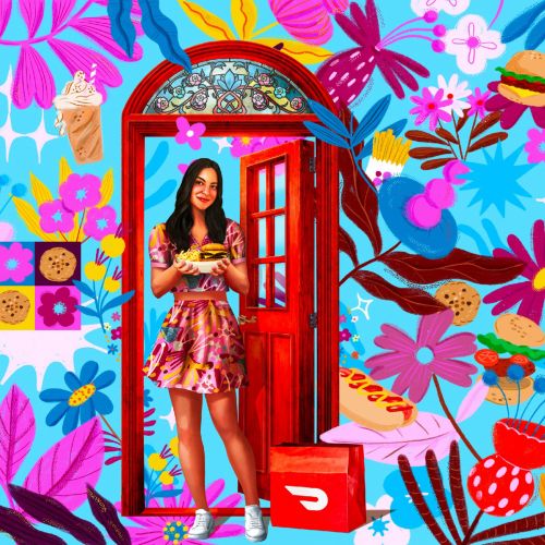 Colorful Doordash pattern with woman by red phone booth and flowers