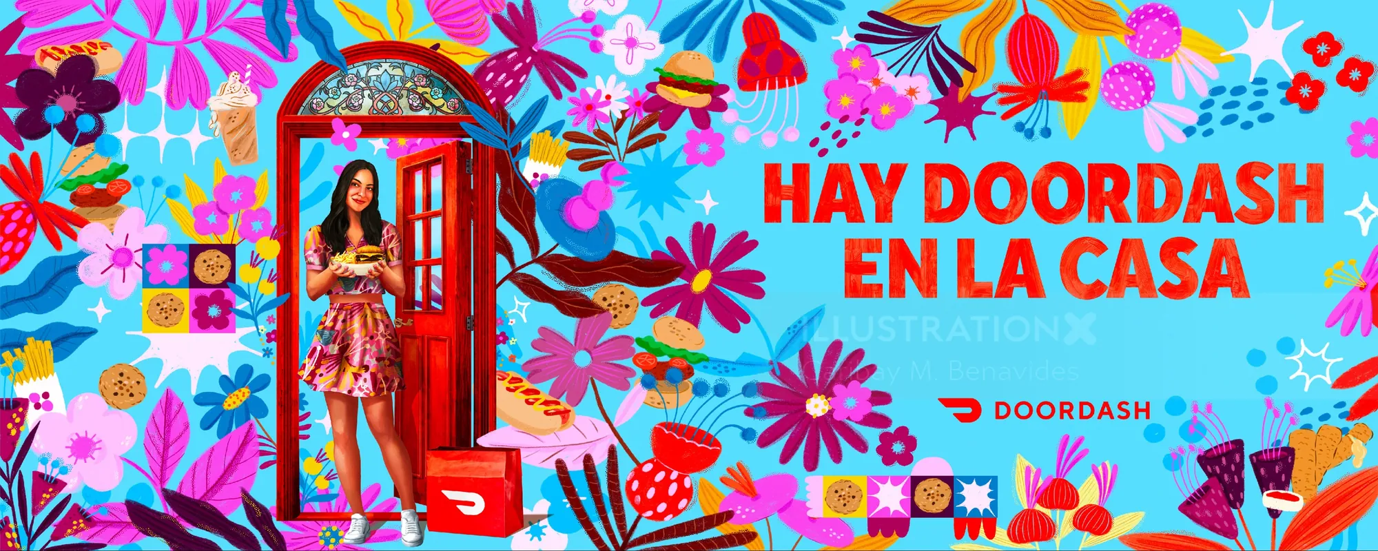 Colorful Doordash pattern with woman by red phone booth and flowers