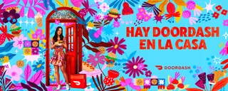 Colorful Doordash pattern with woman by red phone booth and flowers