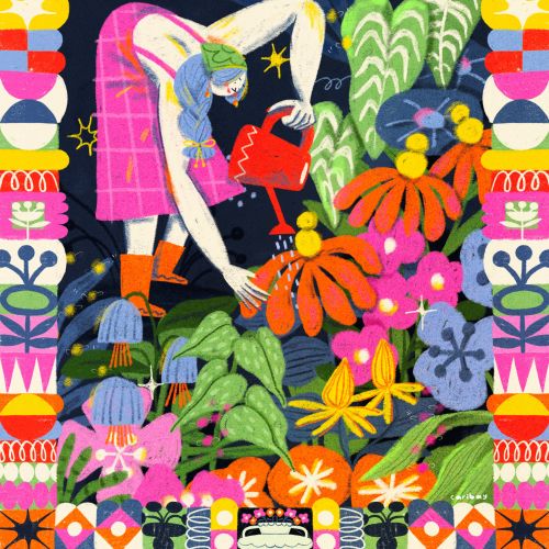 Person watering vibrant flowers under a crescent moon at night