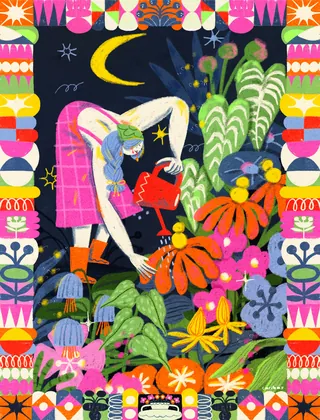 Person watering vibrant flowers under a crescent moon at night
