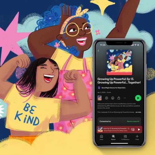 Two joyful girls with colorful background and a smartphone showing a podcast