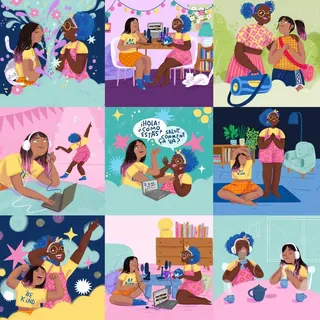 Illustration of diverse women engaging in arts, crafts, study, and conversation
