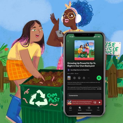 Two women gardening next to compost bin with podcast playing on smartphone screen