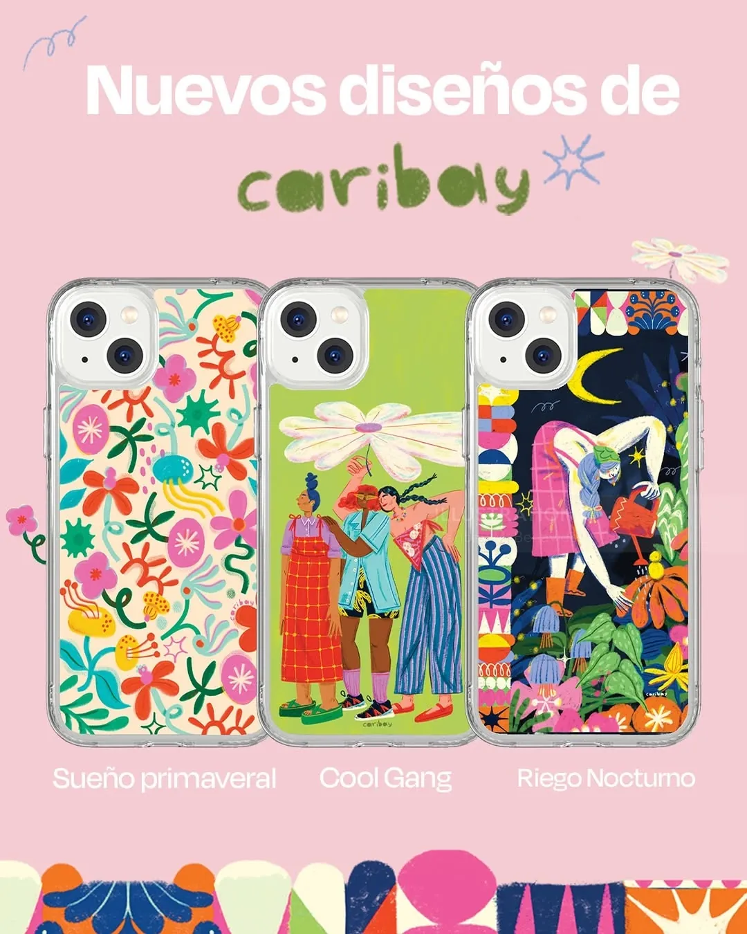 Drei Handyhüllen mit farbenfrohen Illustrationen von Caribay M. Benavides