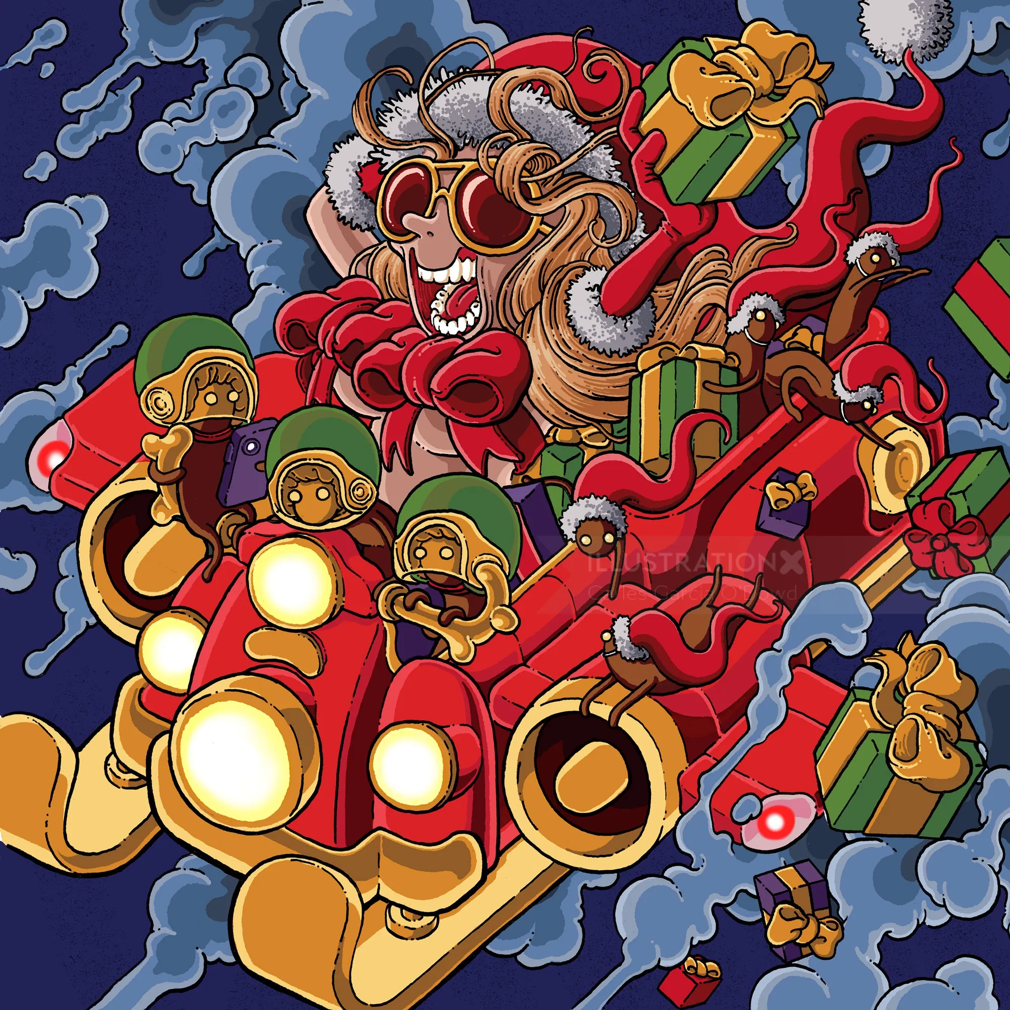 Festive cartoon animals joyfully riding a red sleigh with presents by Carles Garcia O'Dowd