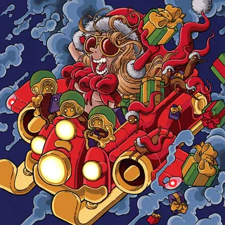 Festive cartoon animals joyfully riding a red sleigh with presents by Carles Garcia O'Dowd
