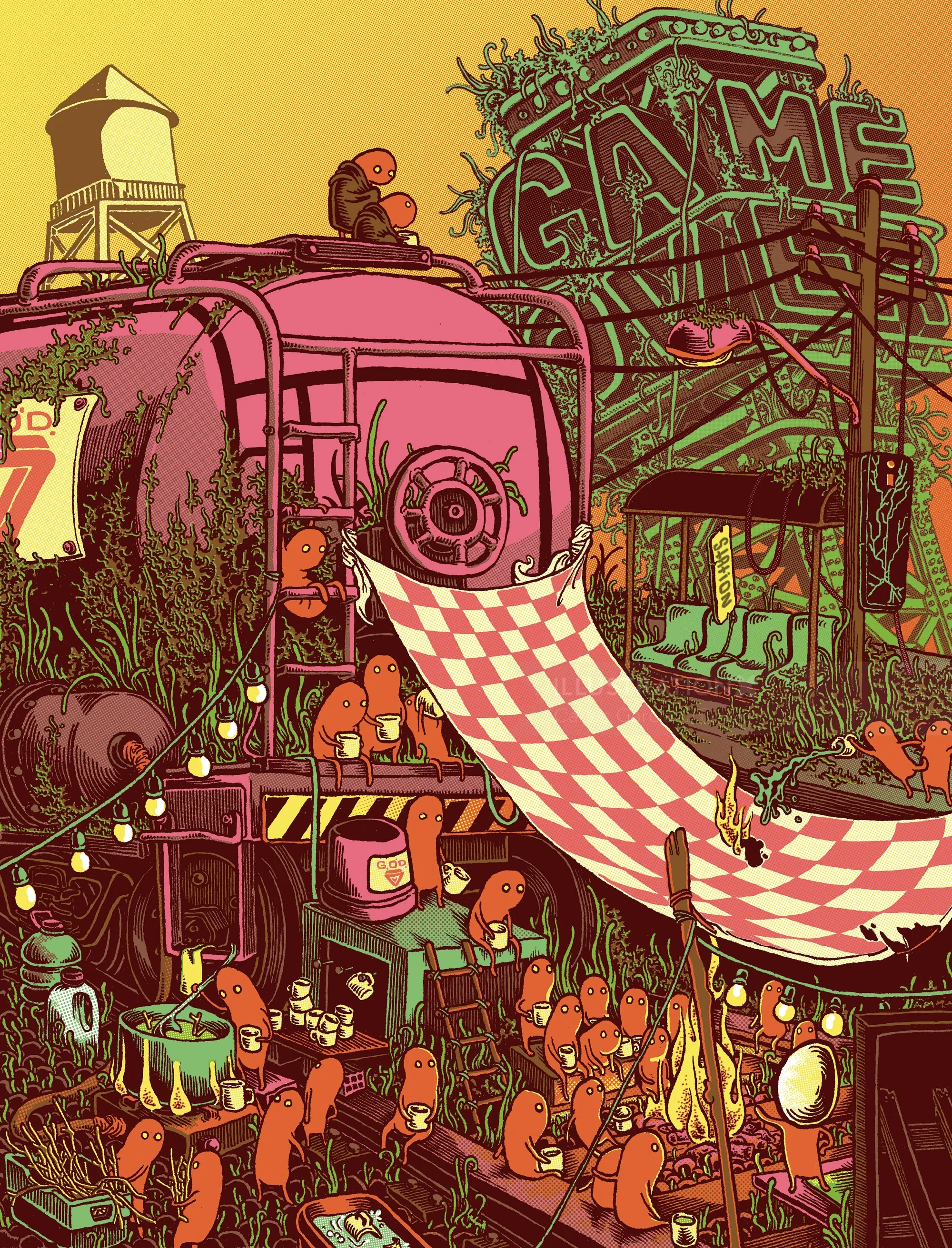 Survivors share meal and stories around fire in post-apocalyptic scene by Carles Garcia O'Dowd