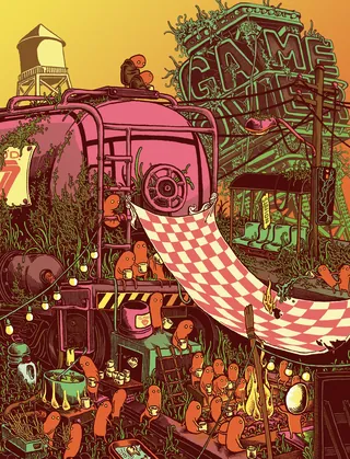Survivors share meal and stories around fire in post-apocalyptic scene by Carles Garcia O'Dowd