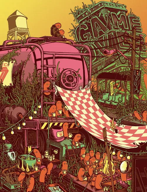 Survivors share meal and stories around fire in post-apocalyptic scene by Carles Garcia O'Dowd