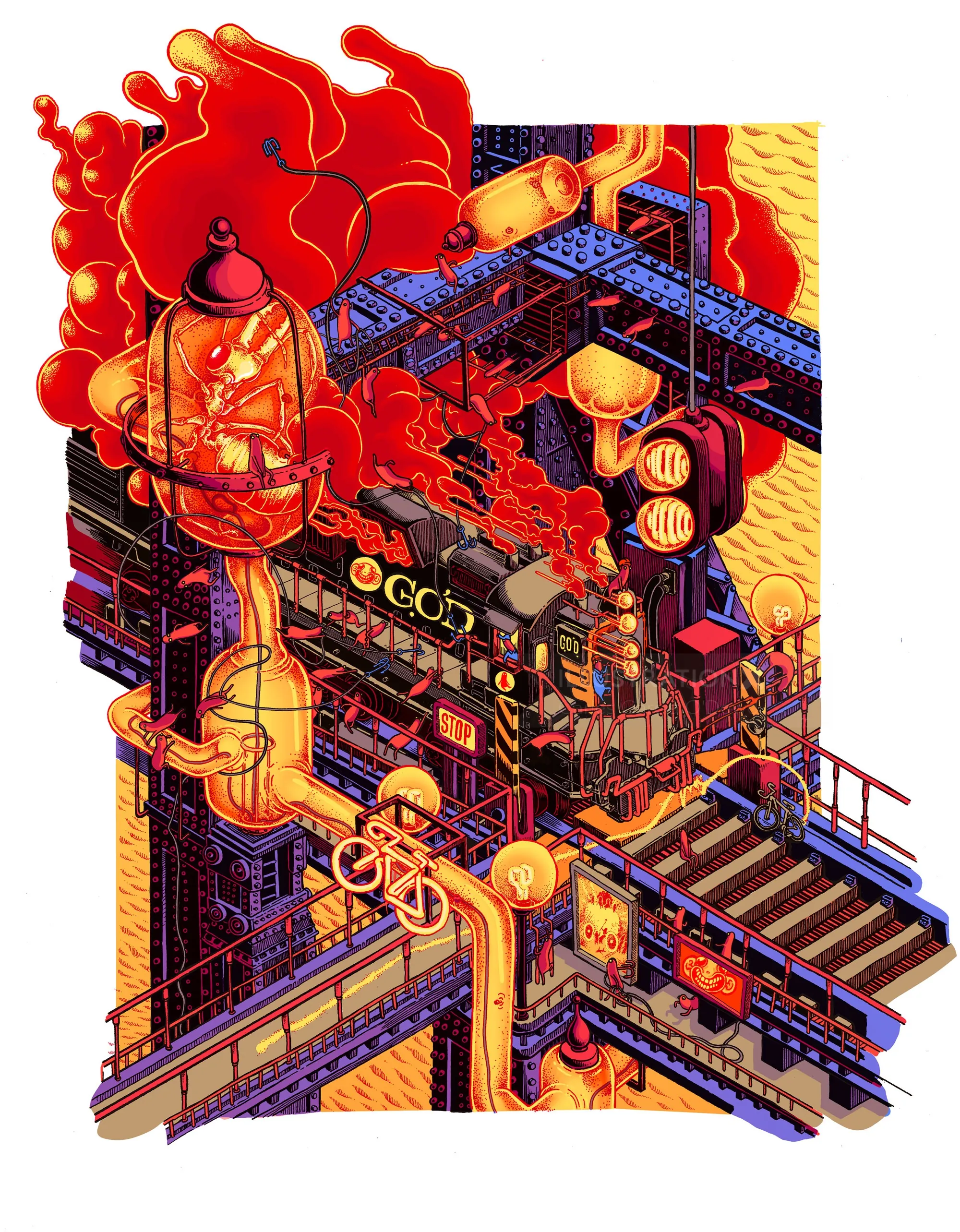 Intricate mechanical train and gears in vibrant red and orange hues by Carles Garcia O'Dowd