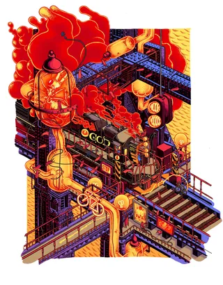 Intricate mechanical train and gears in vibrant red and orange hues by Carles Garcia O'Dowd