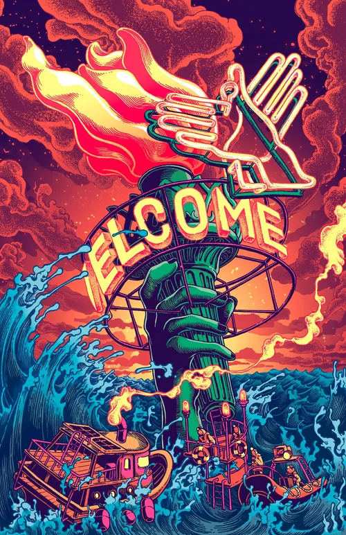 Illustration of World where borders are abolished, and refugees are welcome 
