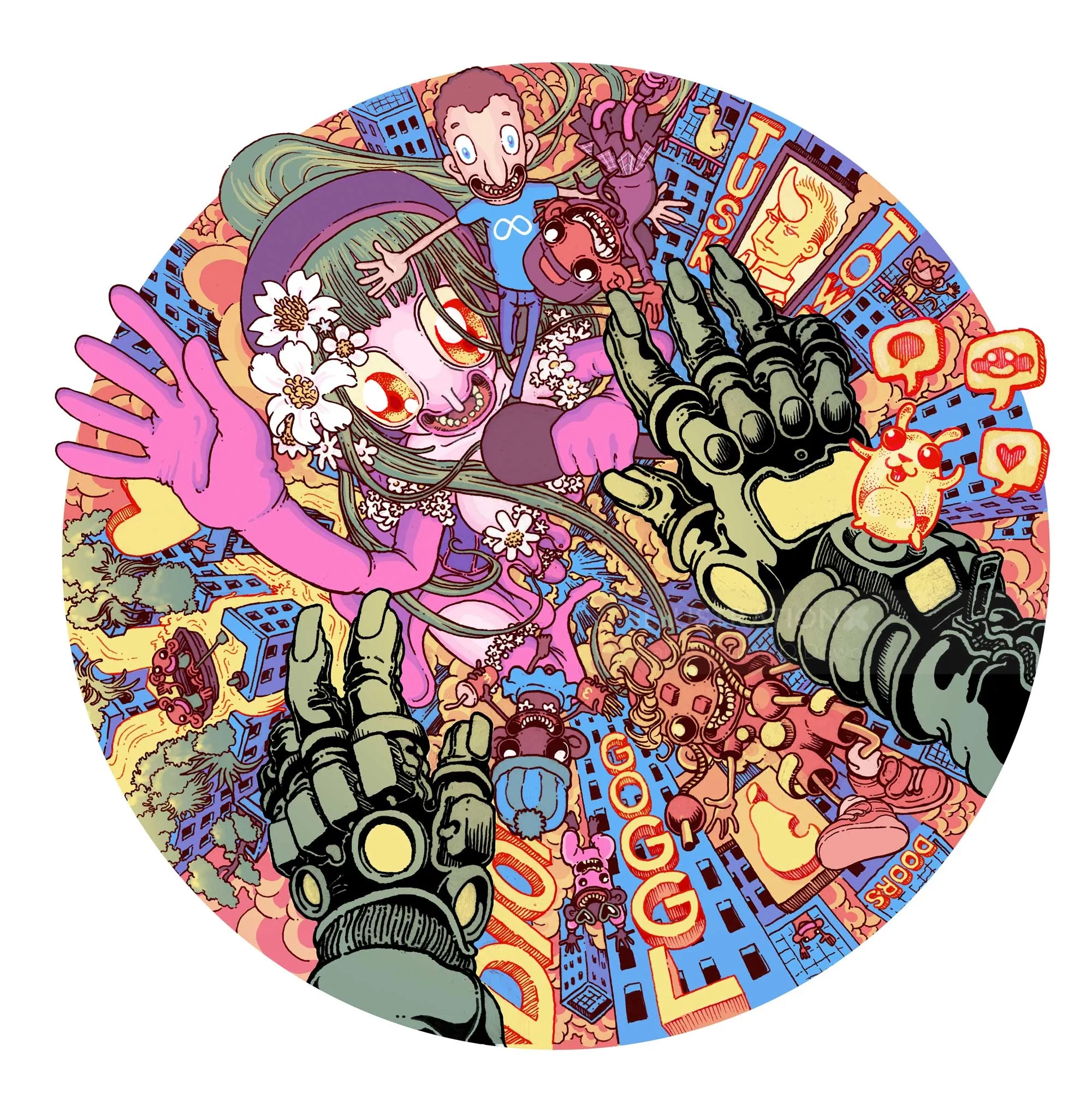 Vibrant metaverse scene with robotic hands and digital characters by Carles Garcia O'Dowd